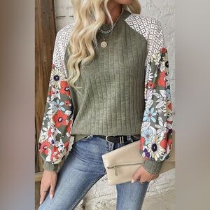 Olive Green Floral Patchwork Blouse Ribbed Lace Balloon Sleeve Whimsigoth XL